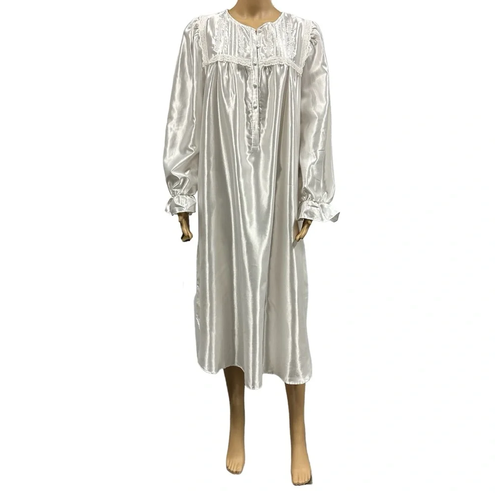 Aria White Satin Long Soft Lined Embroidered Modest House Dress Womens Medium